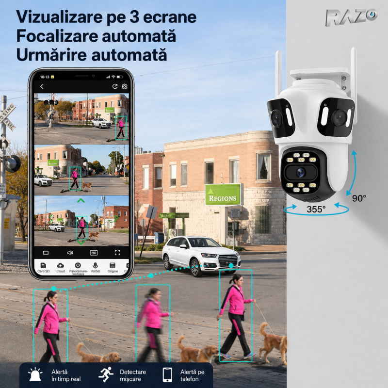 Camera supraveghere WiFi 360 RAZO, Multi lentila cu AI detectie, Night vision color, Monitorizare completa, Vizualizare live pe telefon, Detectie persoane, Tracking automat, Notificari instant, Audio bidirectional, Alarma integrata