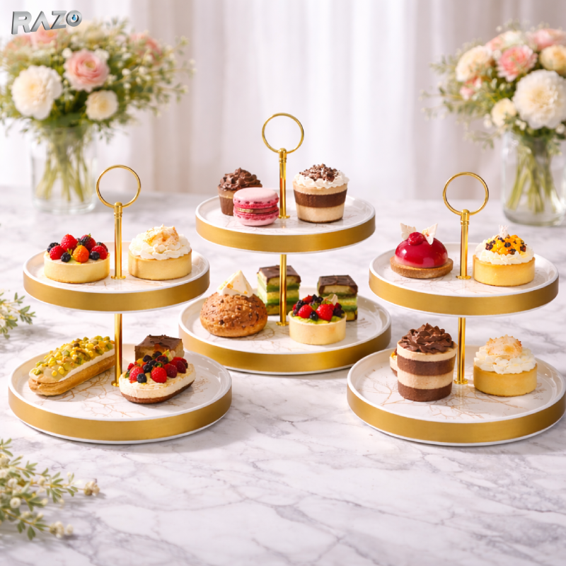Suport prajituri etajat 2 niveluri portelan Lifetree RAZO, Suport metalic, Candy bar, Design elegant, Auriu
