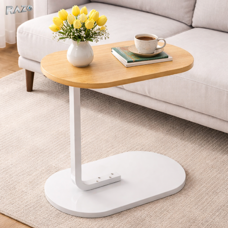 Masa laterala ovala de cafea tip C RAZO, Cadru metalic, Multifunctionala pentru living, dormitor, 61x47x30 cm, Natur