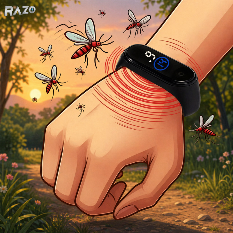 Bratara anti tantari cu ultrasunete si ceas digital RAZO, Reincarcabila USB, Rezistenta la apa, Design unisex, Reglabil pentru adulti si copii