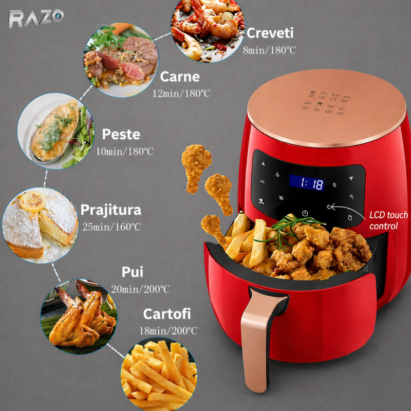 Friteuza cu aer cald RAZO, 2400W, 6L, Air fryer fara ulei, LCD touch screen, 6 programe presetate, Temperatura 50–200°C, Timer, Oprire automata, Gatire sanatoasa, Rosu