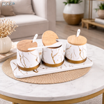 Set 3 recipiente condimente portelan Marble RAZO, Capace bambus, Lingurite, Tava suport, Design marble, Elegante