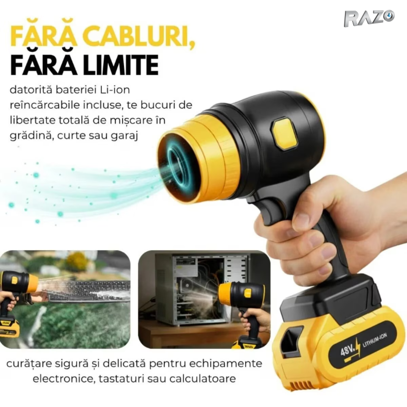 Suflanta portabila cu 2 acumulatori RAZO, Wireless, Incarcator, Geanta transport, Motor puternic, Multifunctionala