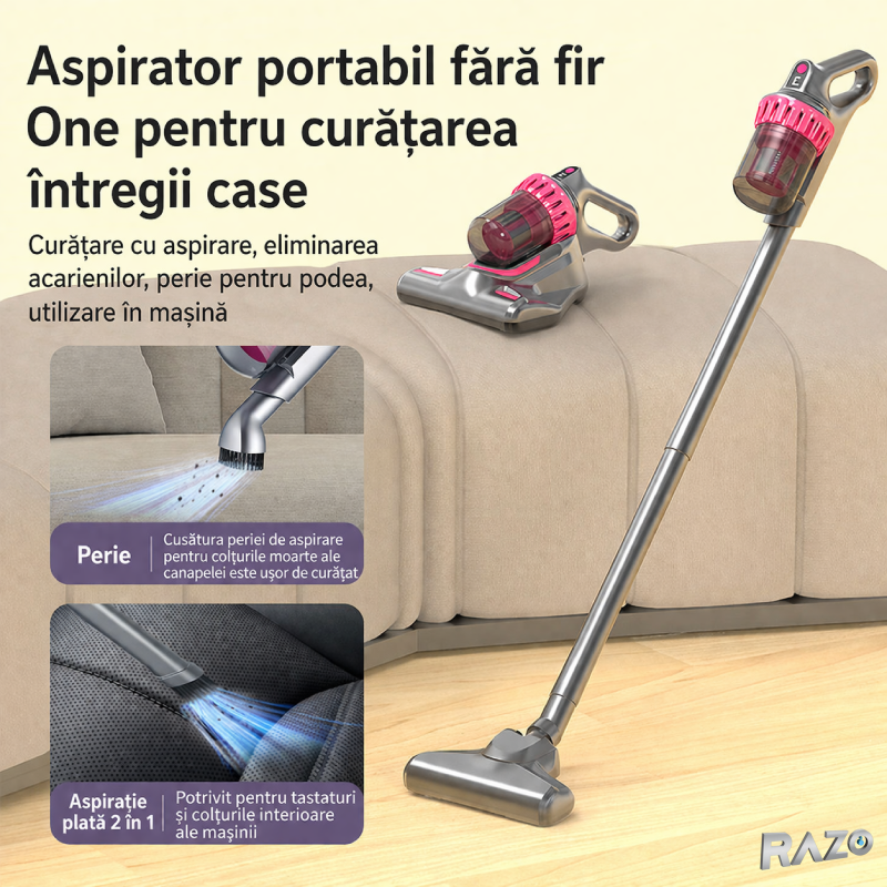 Aspirator vertical 2 in 1 cu UV-C RAZO, Filtrare HEPA, 100W, pentru saltele, canapele, textile