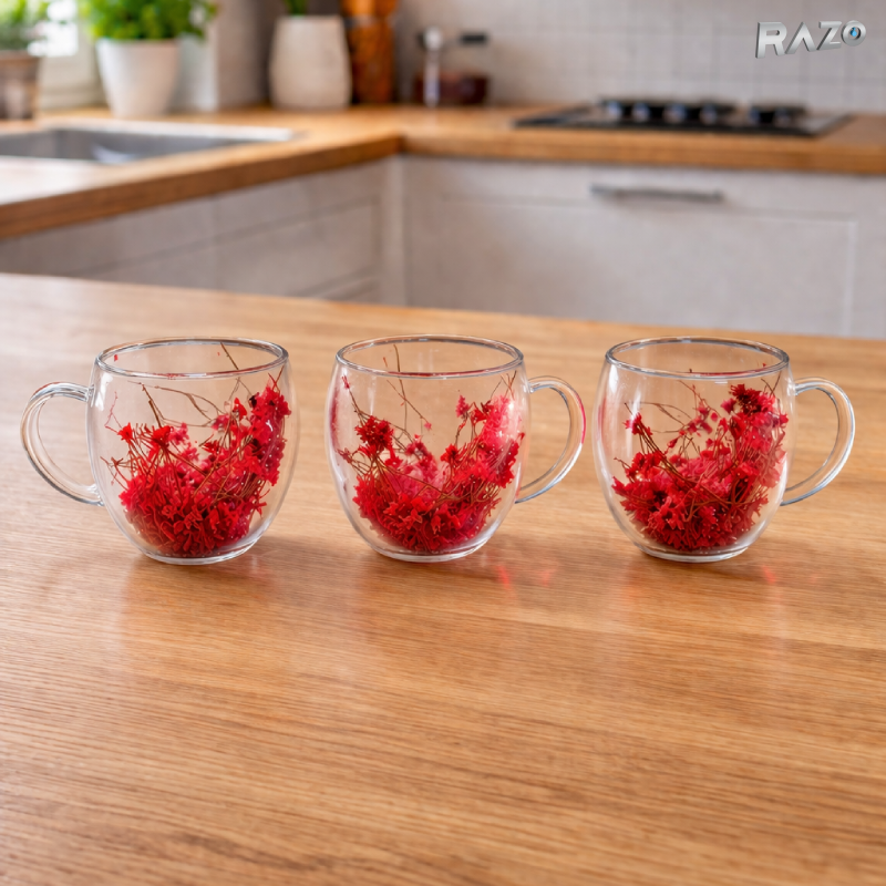 Cana sticla pereti dubli Red 250 ml RAZO, Flori uscate naturale, Design elegant decorativ, Flori rosii