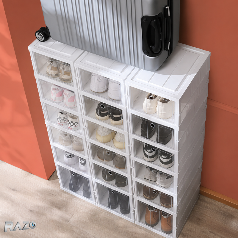 Organizator pantofi cu 6 compartimente modulare RAZO, Usi transparente, Depozitare eficienta, Design pliabil, Montaj rapid, 25.5×34.5×105cm, Alb