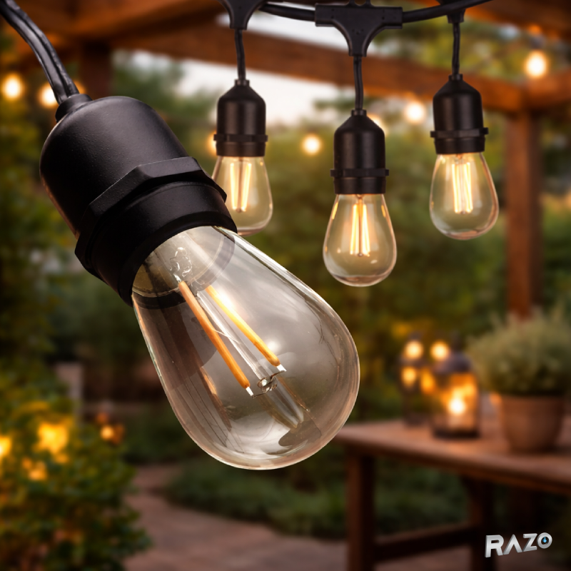 Ghirlanda luminoasa RAZO 10 metri, 10 becuri E27, Interconectabila, IP65, Exterior, interior, Lumina calda ambientala