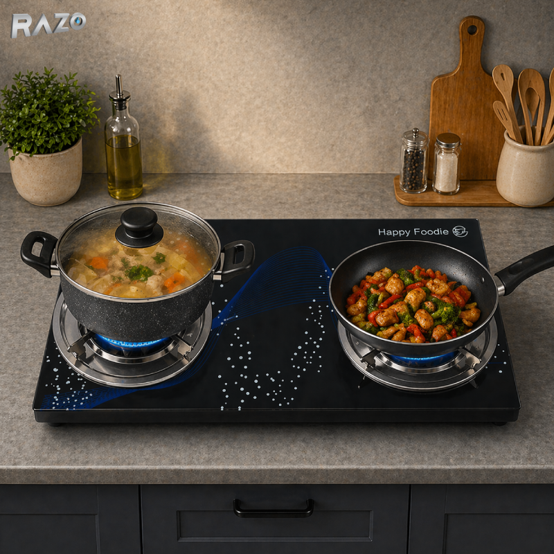Plita portabila pe gaz cu 2 arzatoare RAZO, Aprindere electrica, Control individual flacara, Consum redus gaz, Design compact, Eficienta, 70,5x38,5x9,3 cm