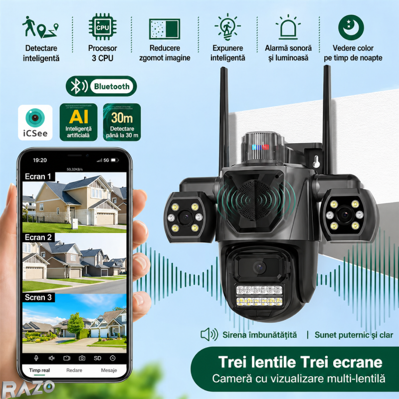 Camera supraveghere AI tripla 360 RAZO, 3 lentile, WIFI, Monitorizare completa, Vizualizare live pe telefon, Detectie miscare cu tracking automat, Vedere nocturna LED, Audio bidirectional, Alarma integrata