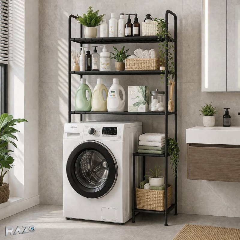 Suport organizator masina de spalat RAZO, 5 niveluri, Metal, Raft depozitare baie, Capacitate 50kg, 160x106x25 cm, Negru