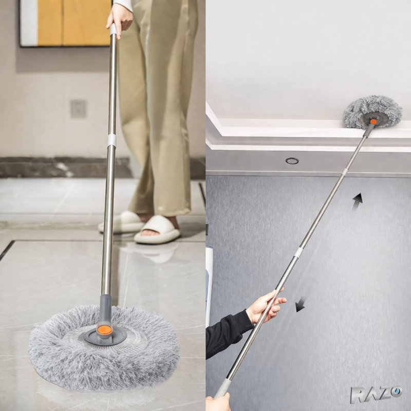 Pamatuf praf extensibil cu maner inox RAZO, 45-180 cm, Cap rotativ, 2 lavete microfibra, pentru curatare eficienta