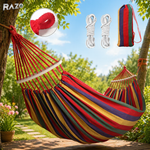 Hamac din bumbac cu distantiere lemn RAZO, Confortabil, Stabil, Bumbac respirabil, Portabil, Usor de montat, Design rustic multicolor, 190x100 cm