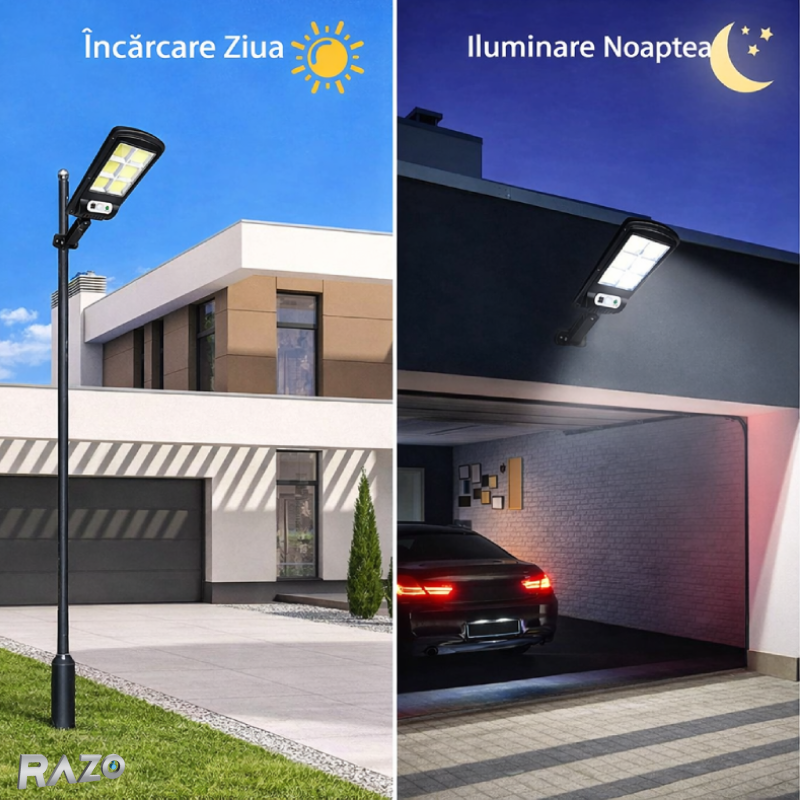 Lampa stradala cu incarcare solara RAZO, 6 leduri, Telecomanda inclusa, LED cu senzor, Iluminat exterior puternic, Rezistenta la intemperii
