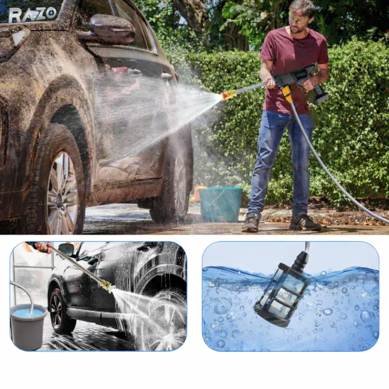 Pistol de spalat portabil cu presiune 2 acumulatori RAZO, Jet apa puternic, Functie spumare, Acumulatori reincarcabili, Multifunctional