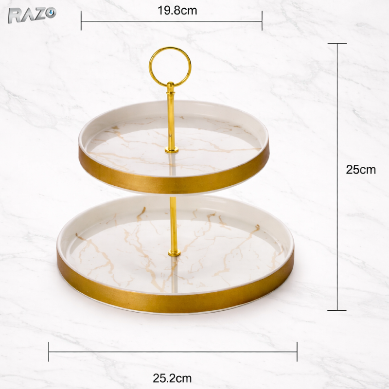 Suport prajituri etajat 2 niveluri portelan Marble RAZO, Suport metalic, Candy bar, Design elegant, Auriu