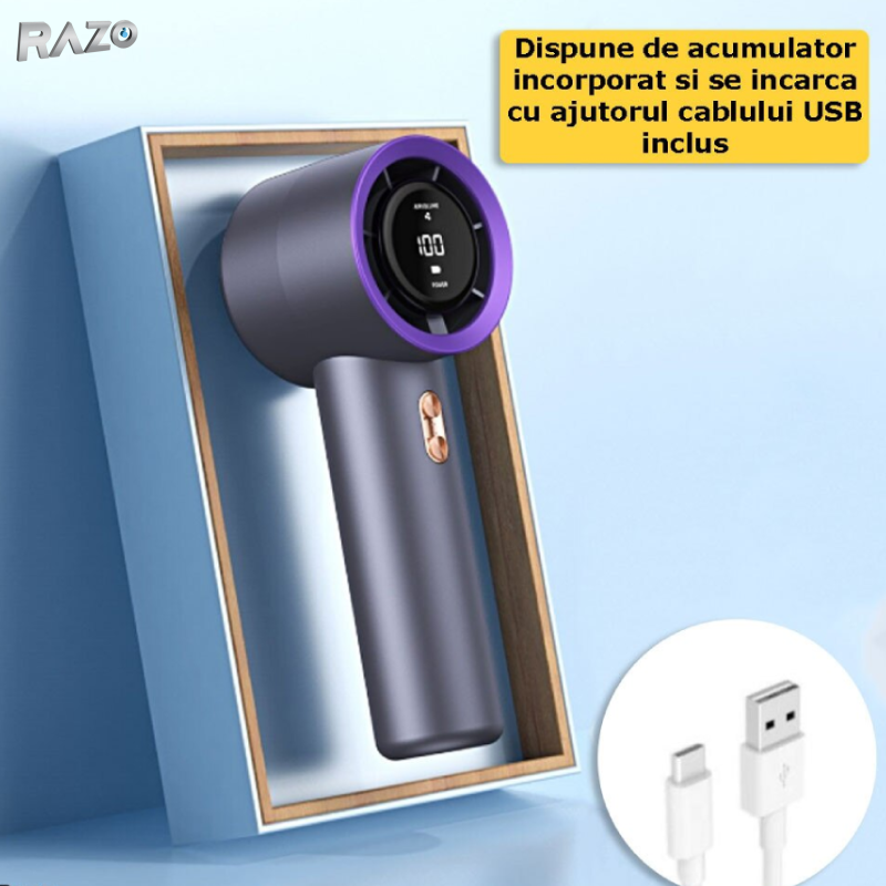 Ventilator mini turbo portabil RAZO, Reincarcabil, Compact, Afisaj digital, Flux de aer puternic, Racire rapida, Design modern, Silentios, Mov