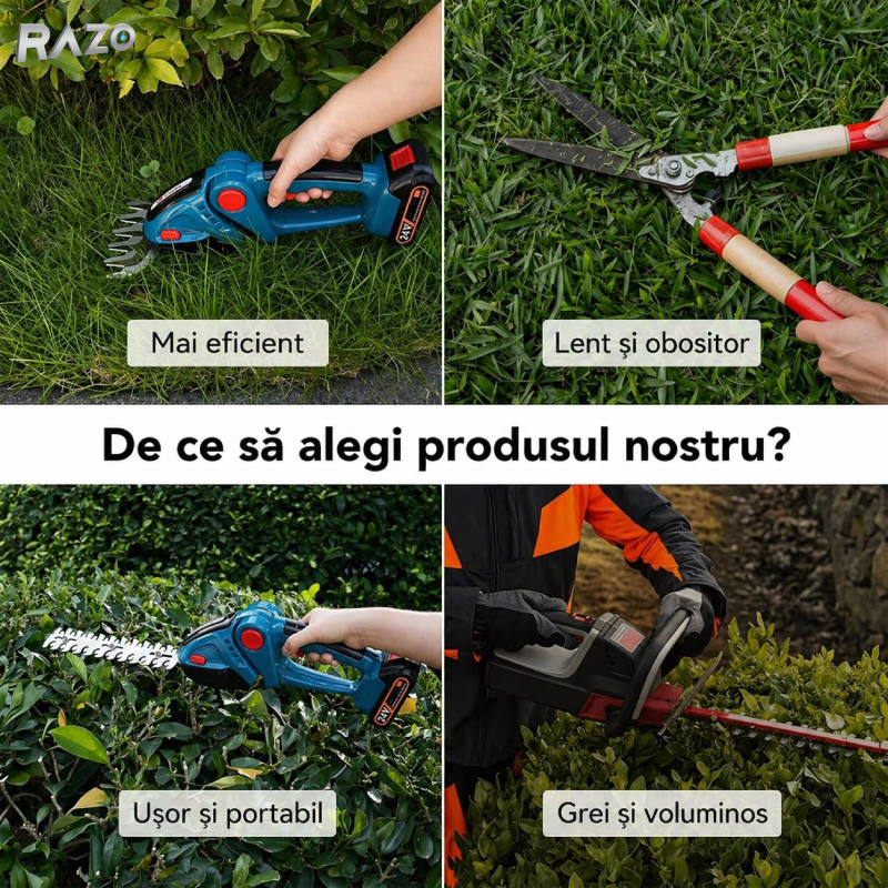 Foarfeca electrica 2 in 1 pentru gradina RAZO, Acumulator 48V, Taiere precisa cu lame interschimbabile, 2 Acumulatori, Design ergonomic, Portabila fara fir