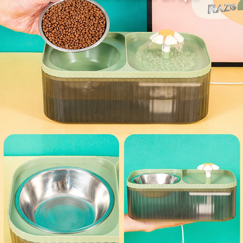 Dispenser automat apa animale 3L RAZO, Filtrare, Alimentare USB, Silentios, pentru pisici, caini, 11x31x17 cm, Verde