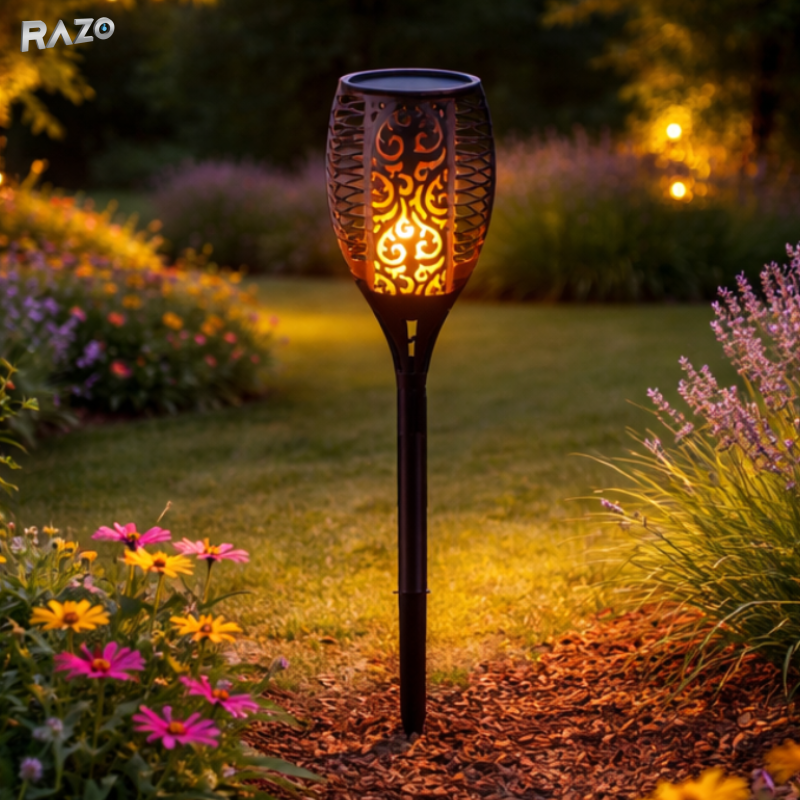 Set 4 lampi solare LED tip flacara RAZO, Iluminat decorativ exterior, Senzor lumina, IP65, Energie solara, 51,5x10x10 cm