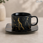 Set 2 cesti cu 2 farfurii din portelan RAZO, 180 ml, Design elegant, Set premium, Servire rafinat, Negru marmorat