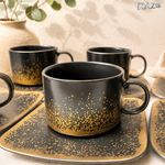 Set 2 cesti cu 2 farfurii din portelan RAZO, 180 ml, Design elegant, Set premium, Servire rafinat, Negru-Auriu