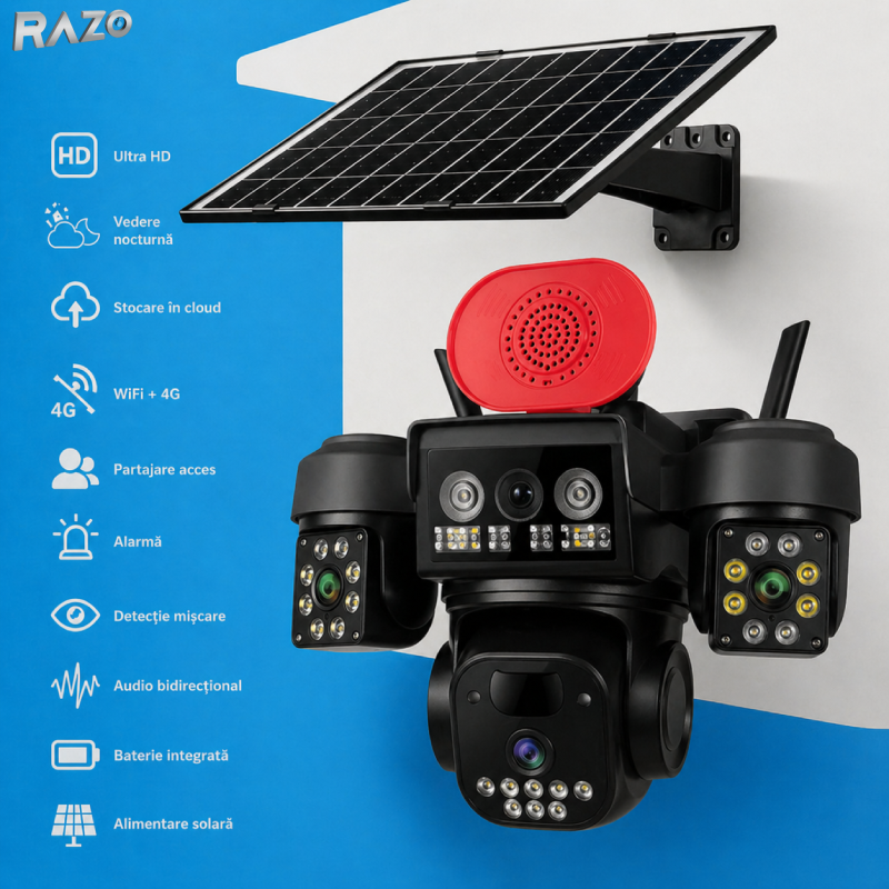 Camera supraveghere solara WiFi tripla RAZO, 3 lentile, 360 grade, Monitorizare completa fara cabluri, Panou solar, Baterie reincarcabila, Detectie miscare cu notificari, Tracking automat, Vedere nocturna IR si color, Audio bidirectional, Alarma