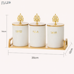 Set 3 recipiente din portelan Baroque RAZO, Capace bambus, Tava inclusa, Design baroque, Elegante