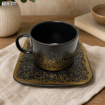 Set 2 cesti cu 2 farfurii din portelan RAZO, 180 ml, Design elegant, Set premium, Servire rafinat, Negru-Auriu