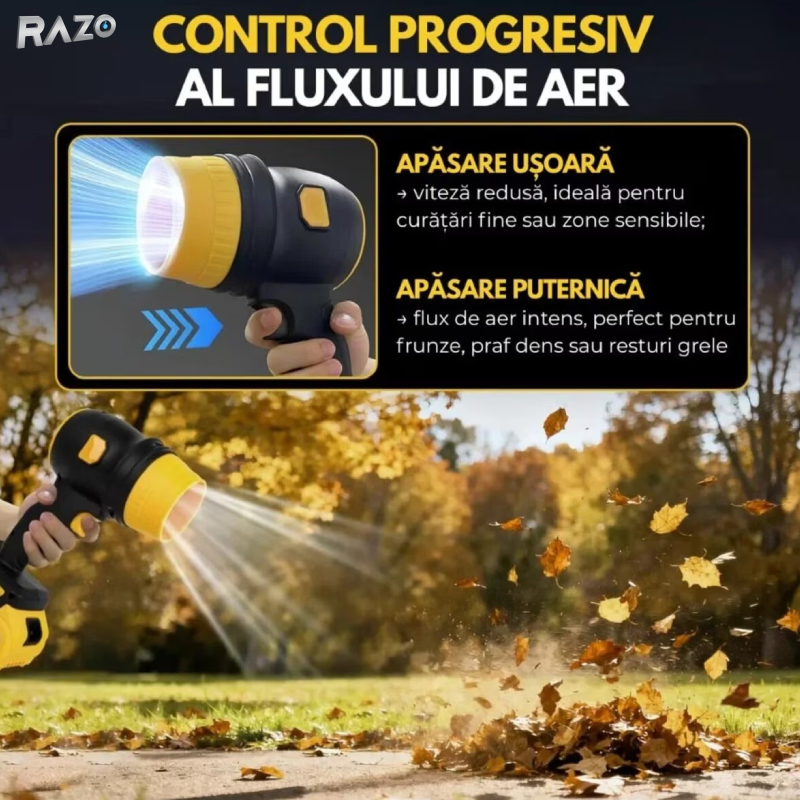 Suflanta portabila cu 2 acumulatori RAZO, Wireless, Incarcator, Geanta transport, Motor puternic, Multifunctionala
