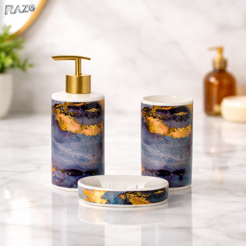 Set baie 3 piese portelan RAZO, Dozator sapun, Pahar, Savoniera, Rezistent, Organizare igiena Design modern