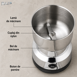 Rasnita electrica cafea si condimente 80W RAZO, Bol inox, Lama metalica, Macinare rapida, Protectie supraincarcare, Utilizare sigura, Design compact