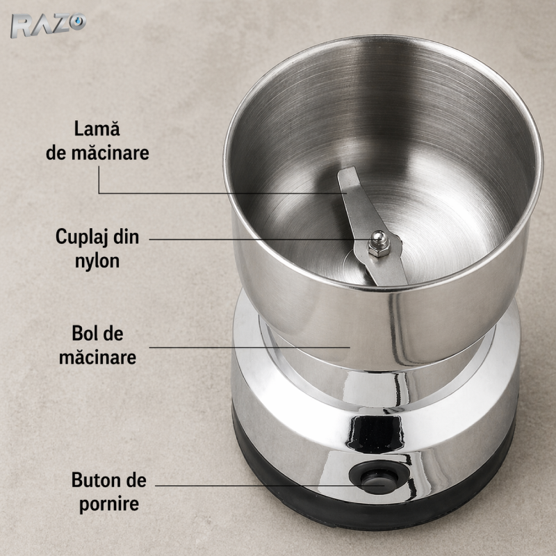 Rasnita electrica cafea si condimente 80W RAZO, Bol inox, Lama metalica, Macinare rapida, Protectie supraincarcare, Utilizare sigura, Design compact