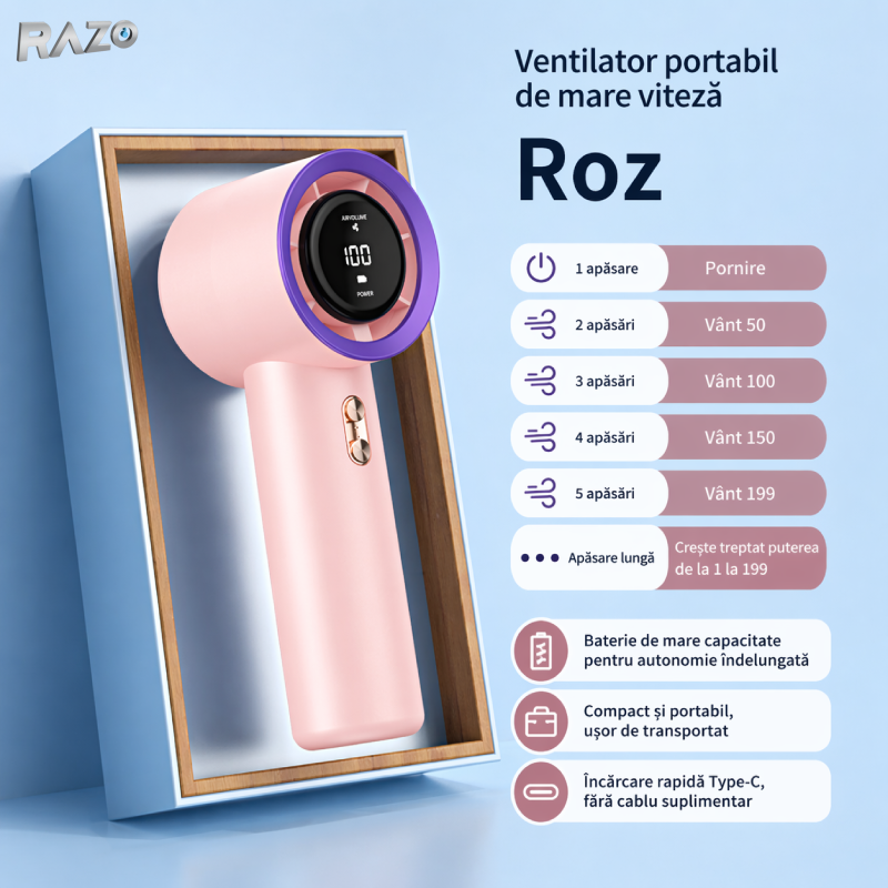 Ventilator mini turbo portabil RAZO, Reincarcabil, Compact, Afisaj digital, Flux de aer puternic, Racire rapida, Design modern, Silentios, Roz