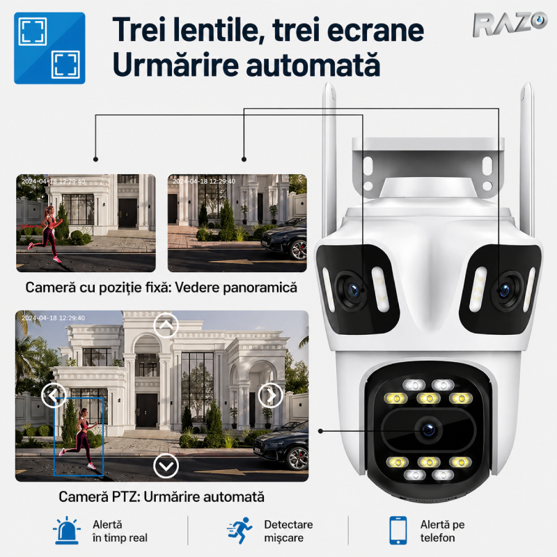 Camera supraveghere WiFi 360 RAZO, Multi lentila cu AI detectie, Night vision color, Monitorizare completa, Vizualizare live pe telefon, Detectie persoane, Tracking automat, Notificari instant, Audio bidirectional, Alarma integrata