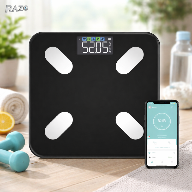 Cantar inteligent Bluetooth RAZO, Analiza corporala completa, Monitorizare sanatate, BMI, Masa musculara, 180 kg, Negru