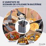Set ustensile bucatarie din silicon RAZO, Suport depozitare, Rezistente la caldura, Accesorii complete, Design ergonomic, Usor de curatat, Gri