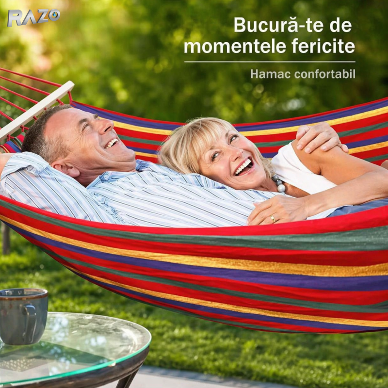 Hamac din bumbac cu distantiere lemn RAZO, Confortabil, Stabil, Bumbac respirabil, Portabil, Usor de montat, Design rustic multicolor, 190x100 cm