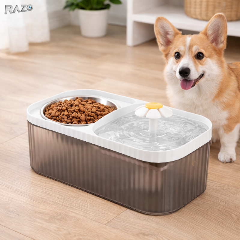 Dispenser automat apa animale 3L RAZO, Filtrare, Alimentare USB, Silentios, pentru pisici, caini, 11x31x17 cm, Alb