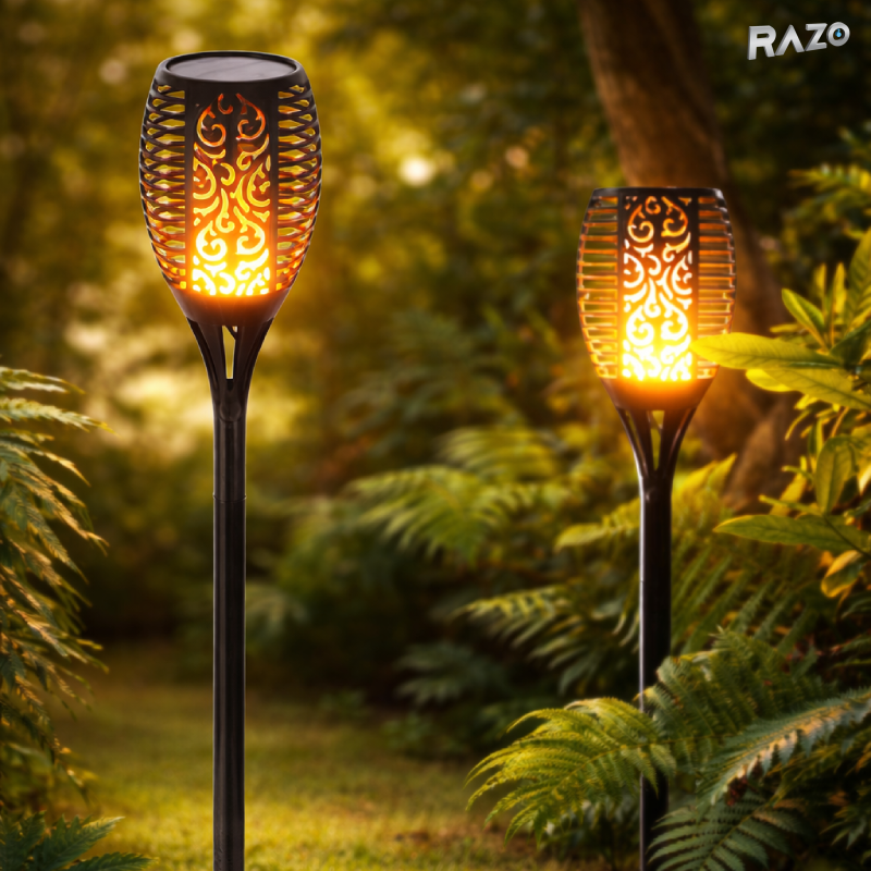 Set 4 lampi solare LED tip flacara RAZO, Iluminat decorativ exterior, Senzor lumina, IP65, Energie solara, 51,5x10x10 cm