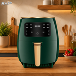 Friteuza cu aer cald RAZO, 2400W, 6L, Air fryer fara ulei, LCD touch screen, 6 programe presetate, Temperatura 50–200°C, Timer, Oprire automata, Gatire sanatoasa, Verde