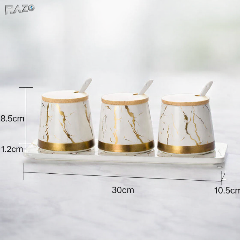 Set 3 recipiente condimente portelan Marble RAZO, Capace bambus, Lingurite, Tava suport, Design marble, Elegante