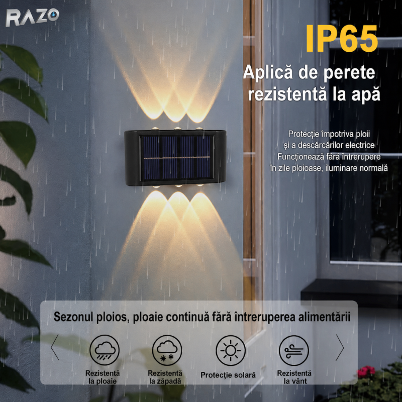 Set 2 lampi solare LED de perete cu iluminare dubla RAZO, Senzor zi-noapte, Iluminare sus-jos, Efect decorativ modern, Alimentare solara fara cabluri, Pornire automata, Design compact, Rezistent la apa
