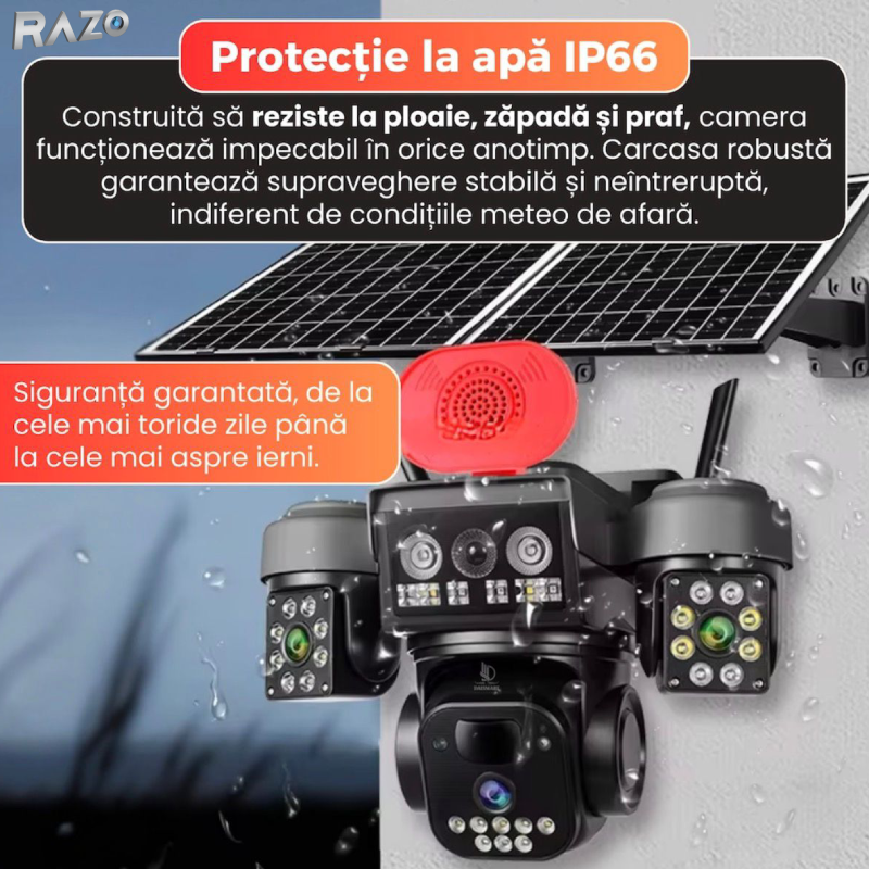 Camera supraveghere solara WiFi tripla RAZO, 3 lentile, 360 grade, Monitorizare completa fara cabluri, Panou solar, Baterie reincarcabila, Detectie miscare cu notificari, Tracking automat, Vedere nocturna IR si color, Audio bidirectional, Alarma