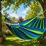 Hamac din bumbac cu distantiere lemn RAZO, Confortabil, Stabil, Bumbac respirabil, Portabil, Usor de montat, Design rustic multicolor, 190x100 cm