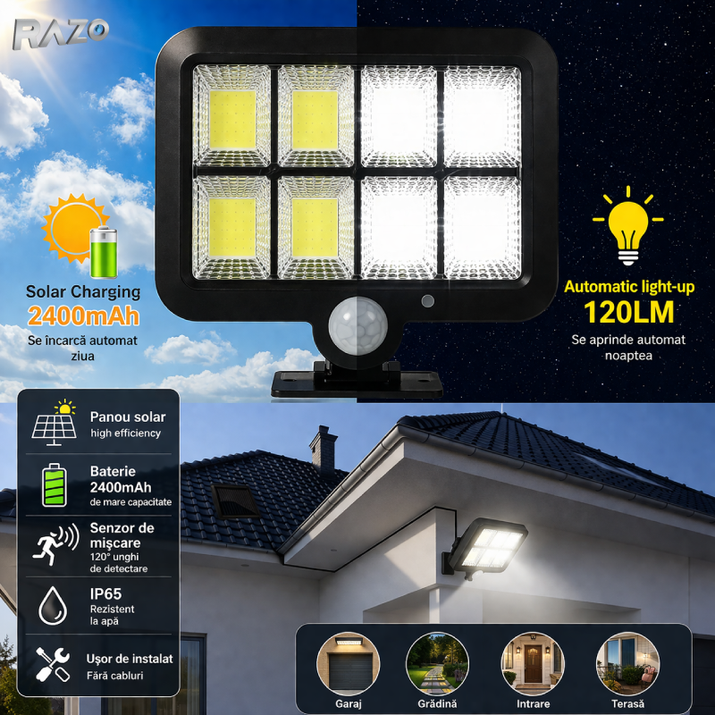 Lampa solara 260LM cu senzor de miscare RAZO, Telecomanda, Rezistenta la apa, Iluminare automata, Incarcare solara, LED, Activare inteligenta pe timp de noapte, Design durabil