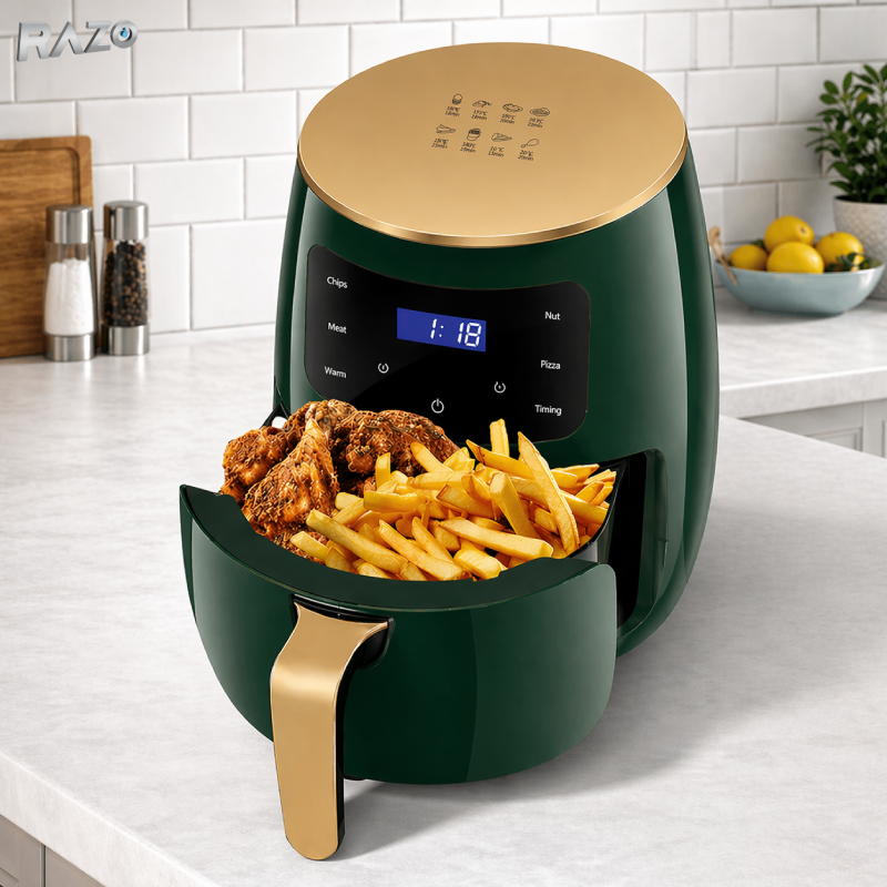 Friteuza cu aer cald RAZO, 2400W, 6L, Air fryer fara ulei, LCD touch screen, 6 programe presetate, Temperatura 50–200°C, Timer, Oprire automata, Gatire sanatoasa, Verde