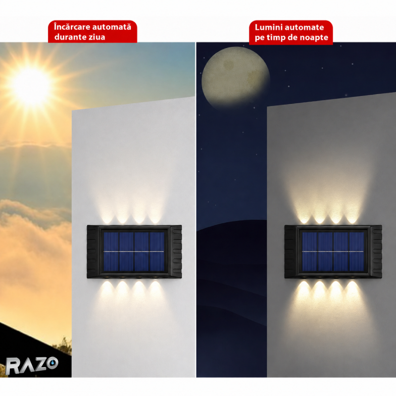 Set 2 lampi solare LED de perete cu iluminare dubla RAZO, Senzor zi-noapte, Iluminare sus-jos, Efect decorativ modern, Alimentare solara fara cabluri, Pornire automata, Design compact, Rezistent la apa