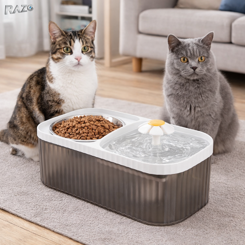 Dispenser automat apa animale 3L RAZO, Filtrare, Alimentare USB, Silentios, pentru pisici, caini, 11x31x17 cm, Alb