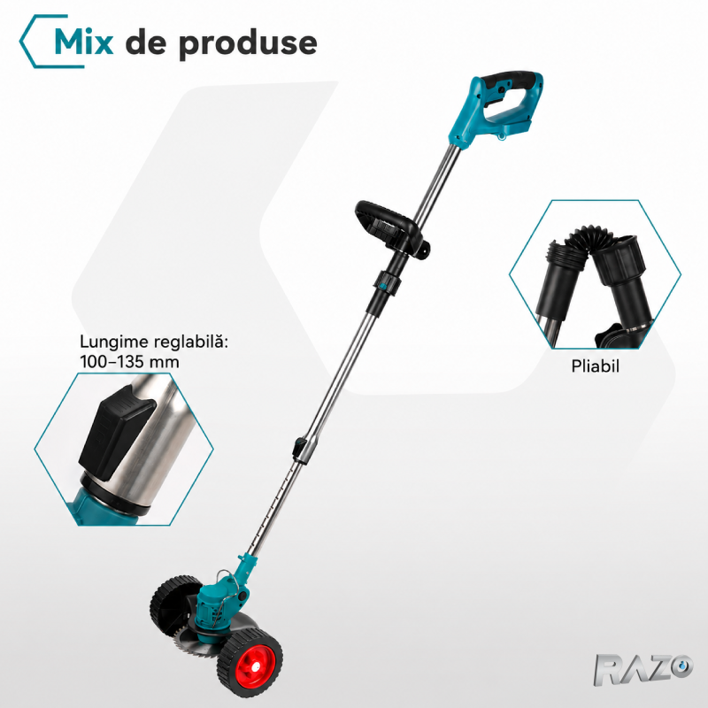 Motocoasa electrica pliabila RAZO, Acumulator 18000 RPM, Telescopica, Tundere eficienta, Design compact fara fir, Tija reglabila, Cap de taiere ajustabil, Acumulator lithium 12V