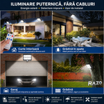 Lampa solara 260LM cu senzor de miscare RAZO, Telecomanda, Rezistenta la apa, Iluminare automata, Incarcare solara, LED, Activare inteligenta pe timp de noapte, Design durabil
